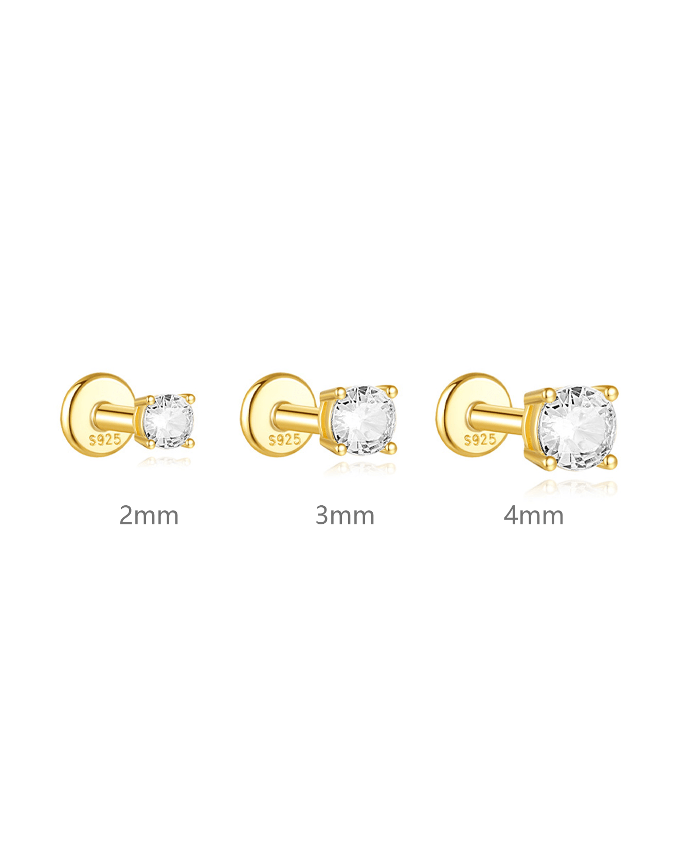 S925 Round Zirconia Stud Earrings– 2mm / 3mm / 4mm