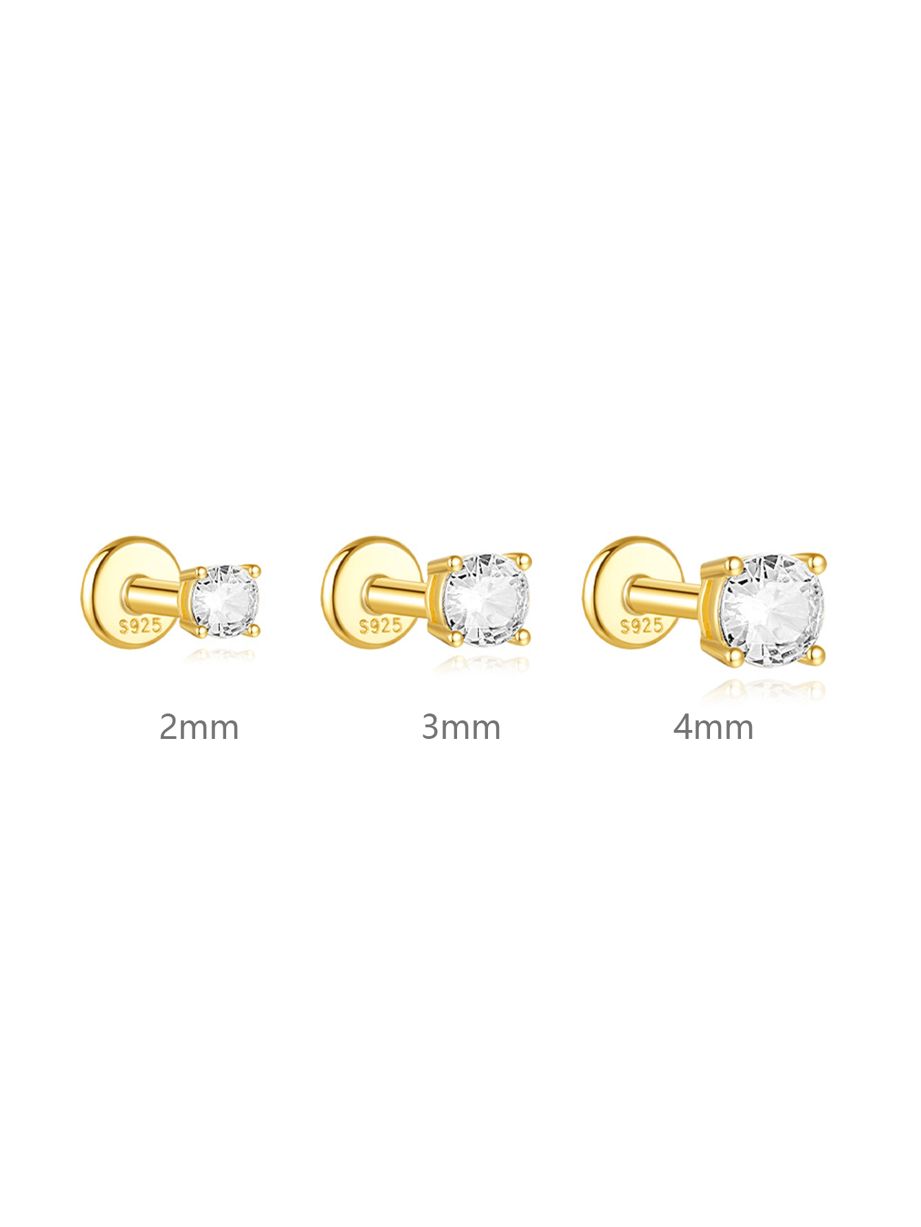 S925 Round Zirconia Stud Earrings– 2mm / 3mm / 4mm