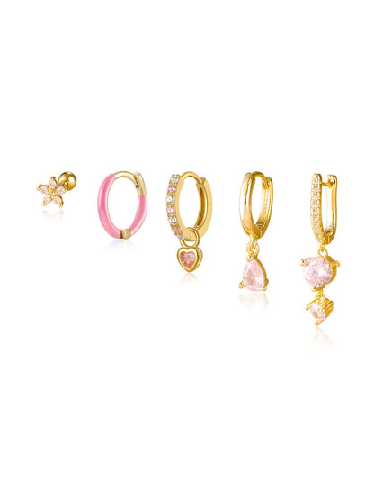 925 Sterling Silver Pink Teardrop Lobe Earring Set
