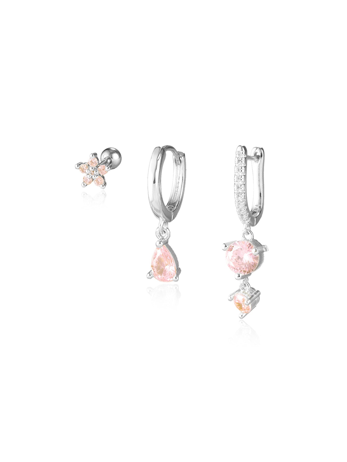 925 Sterling Silver Pink Teardrop Lobe Earring Set