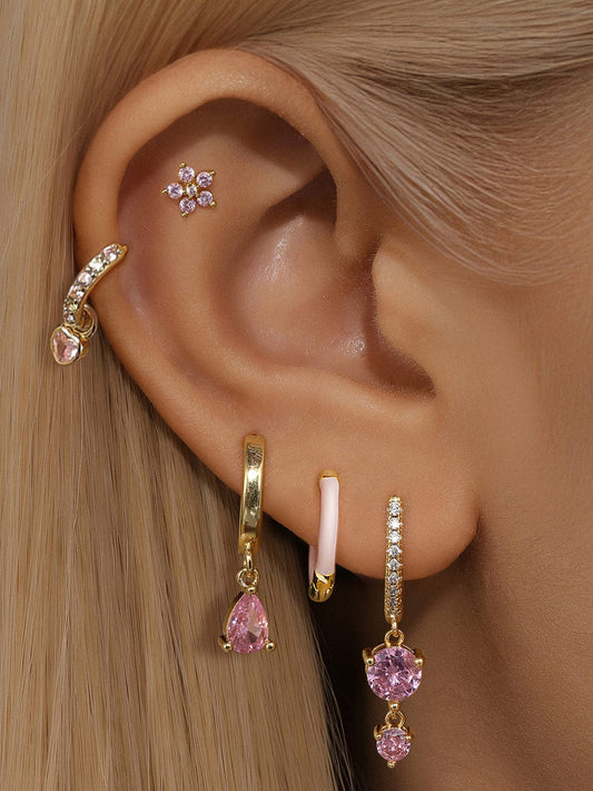 925 Sterling Silver Pink Teardrop Lobe Earring Set