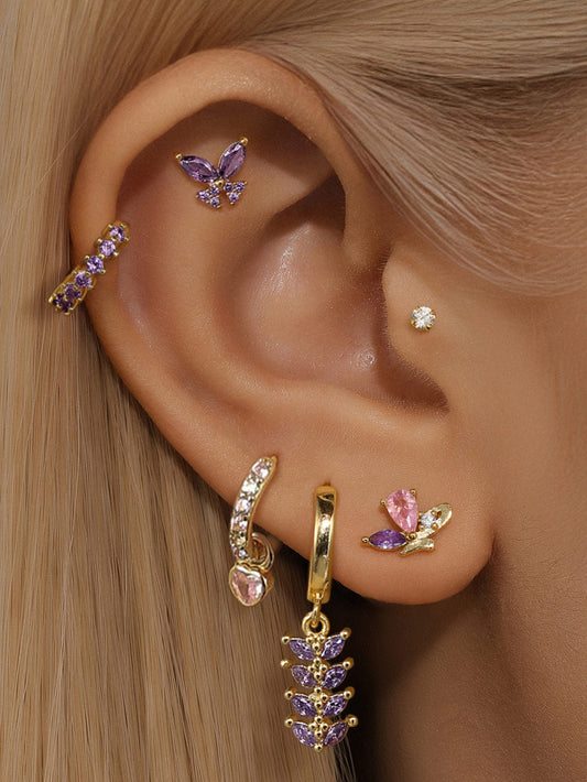 925 Sterling Silver Pink & Purple Butterfly Drop Earrings Set