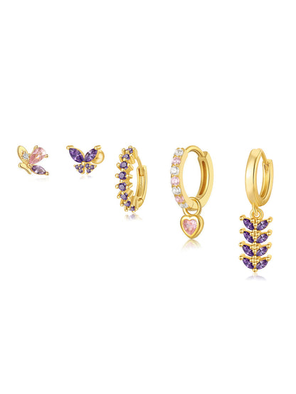 925 Sterling Silver Pink & Purple Butterfly Drop Earrings Set