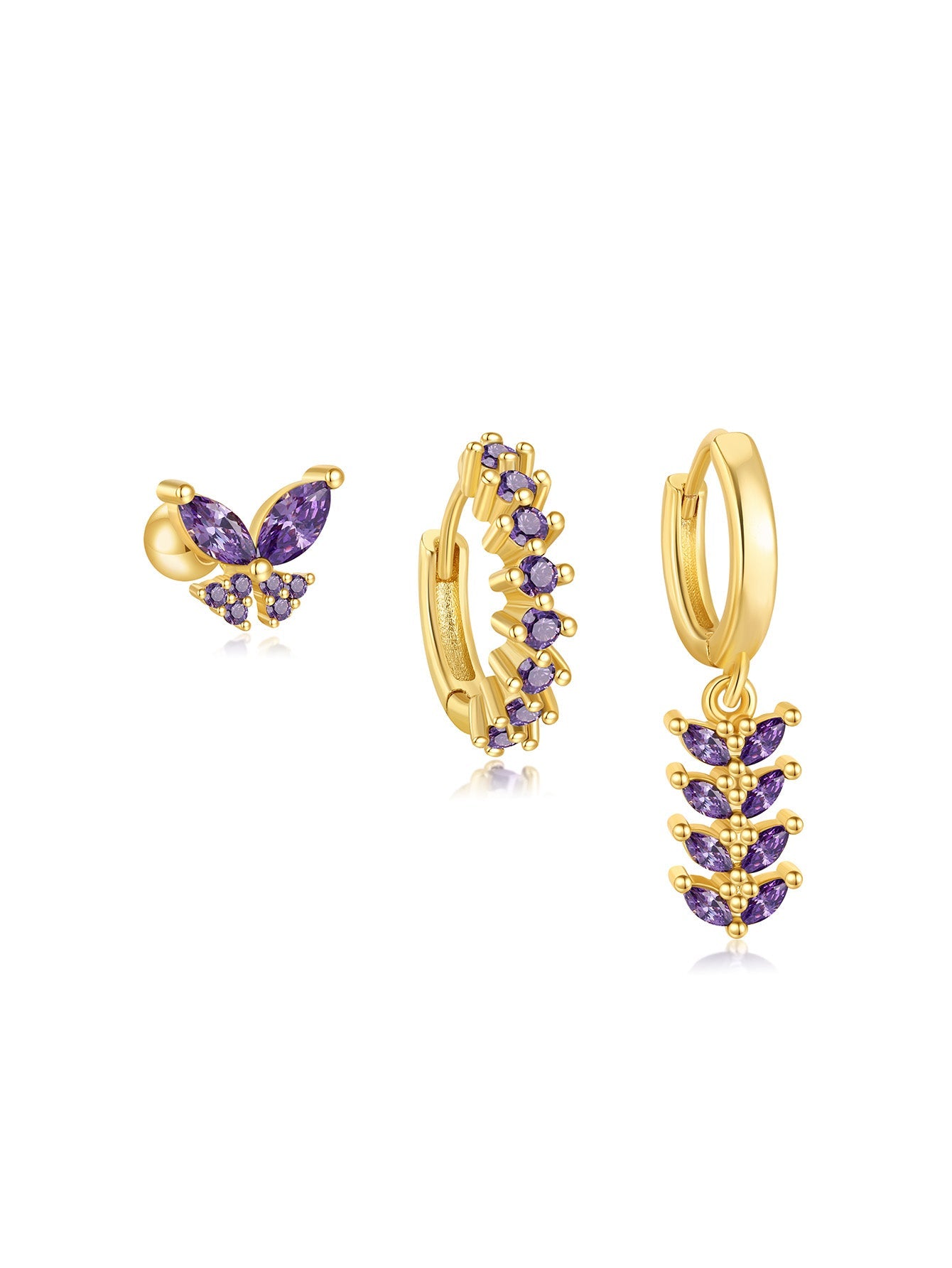 925 Sterling Silver Pink & Purple Butterfly Drop Earrings Set