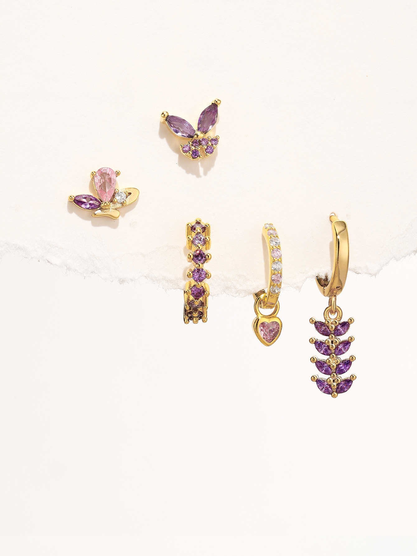 925 Sterling Silver Pink & Purple Butterfly Drop Earrings Set