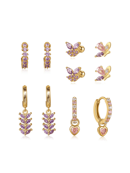 925 Sterling Silver Pink & Purple Butterfly Drop Earrings Set