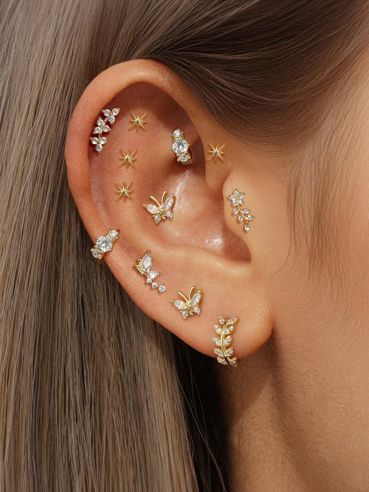 925 Sterling Silver Butterfly Flower Zirconia Pierced Earrings