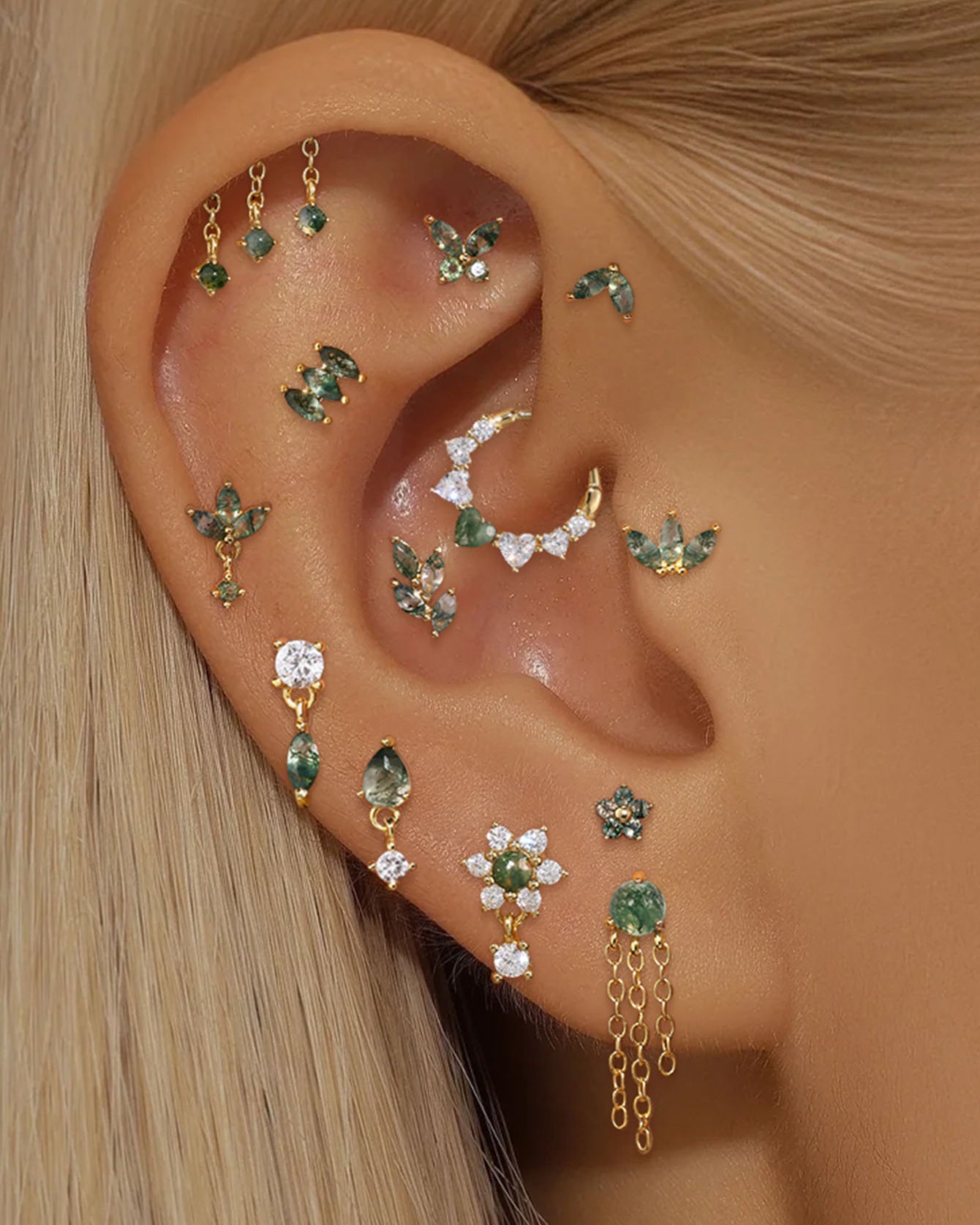 925 Sterling Silver Water Grass Agate Tassel Cartilage Piercing Studs