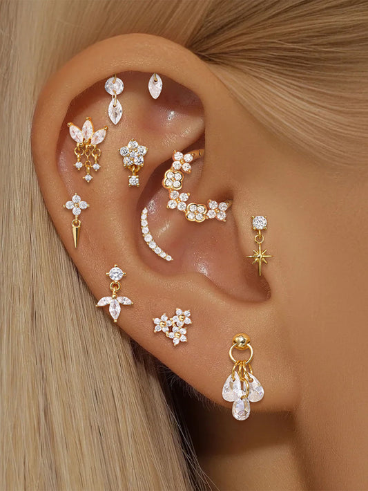 925 Sterling Silver Water Drop Flower Piercing Studs