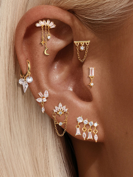 S925 Gold Plated Sterling Silver Waterproof Crown Diamond Tassel Helix Earrings Series