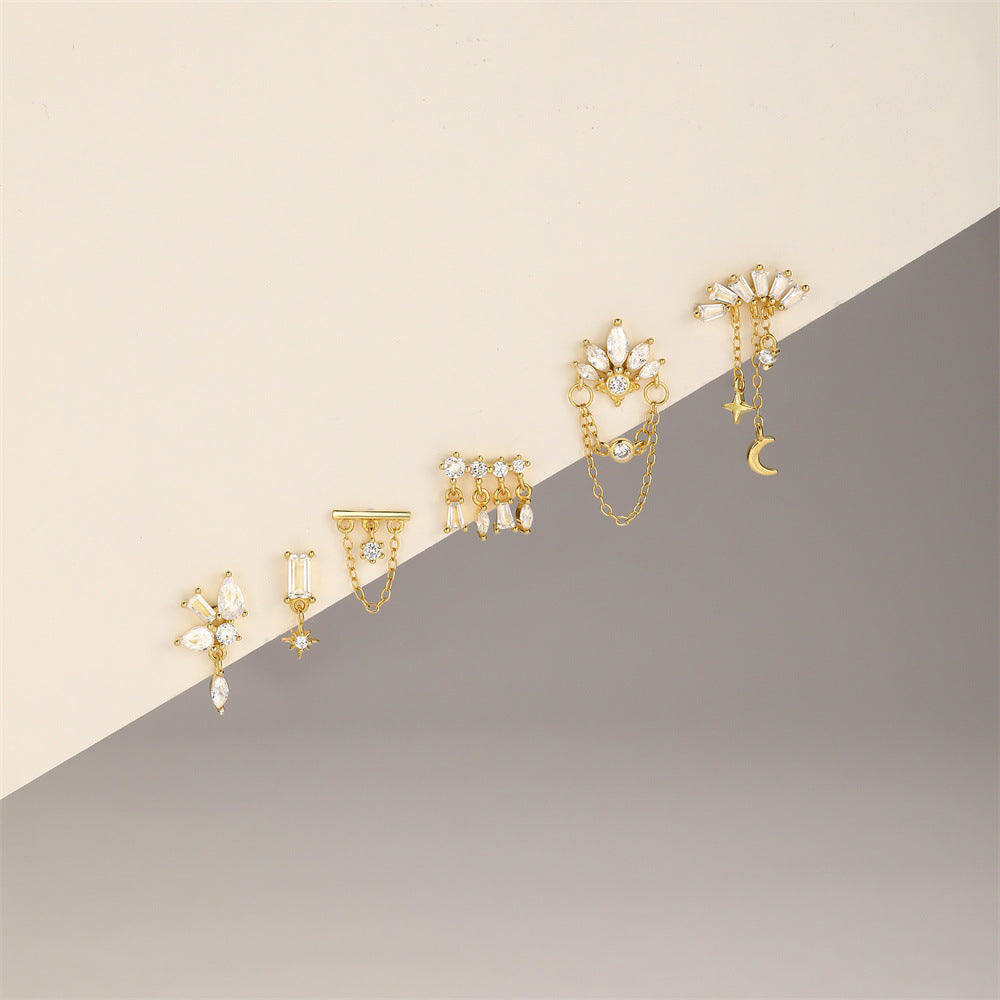 S925 Gold Plated Sterling Silver Waterproof Crown Diamond Tassel Helix Earrings Series