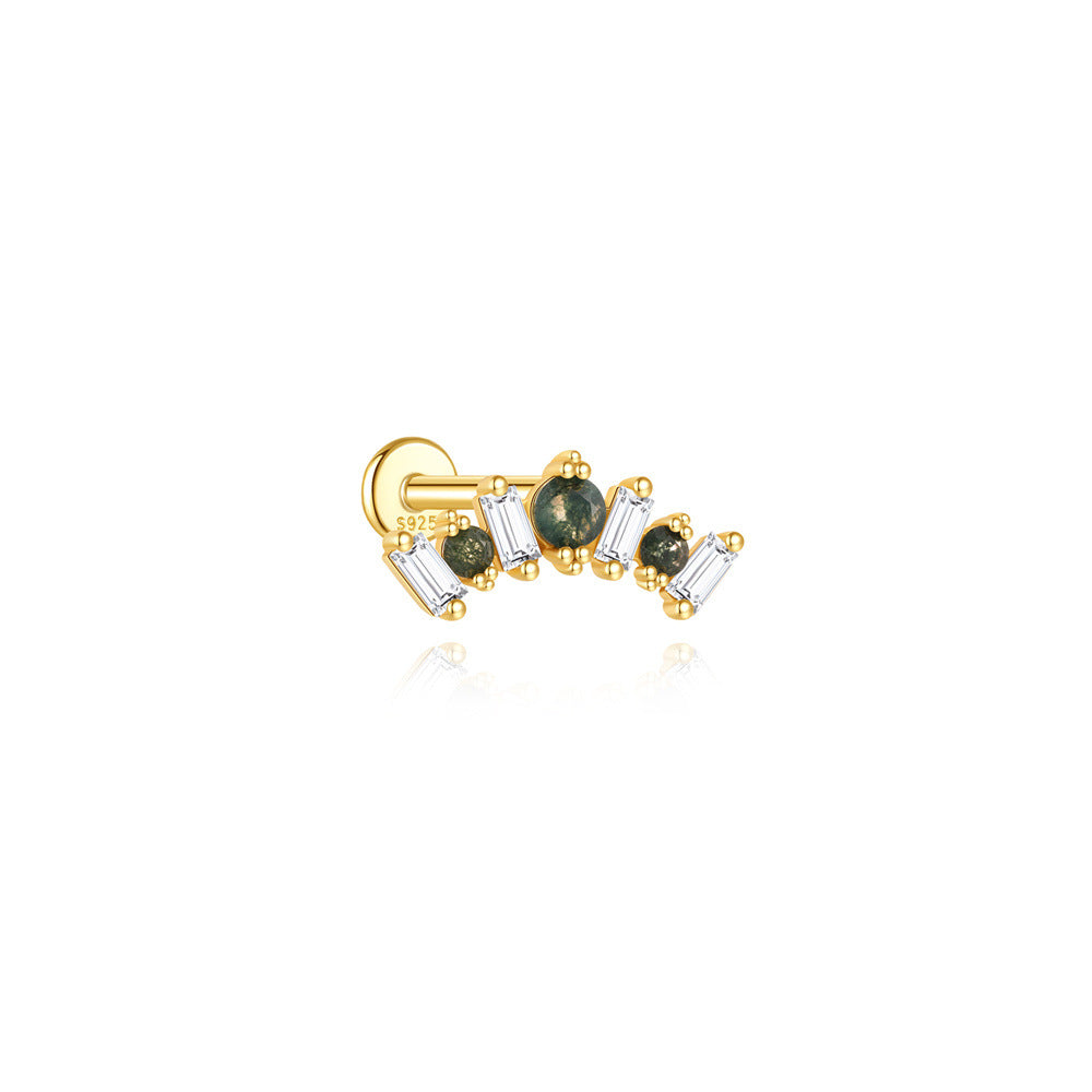 S925 Moss Agate Curved Flatback Piercing Stud Earring