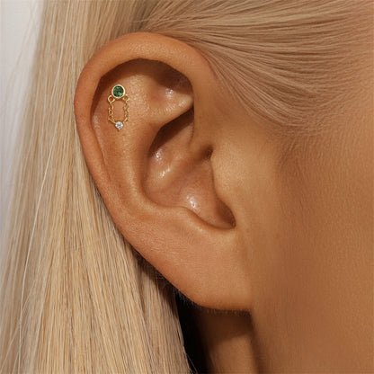 S925 Moss Agate Round Pendant Flatback Piercing Stud Earring