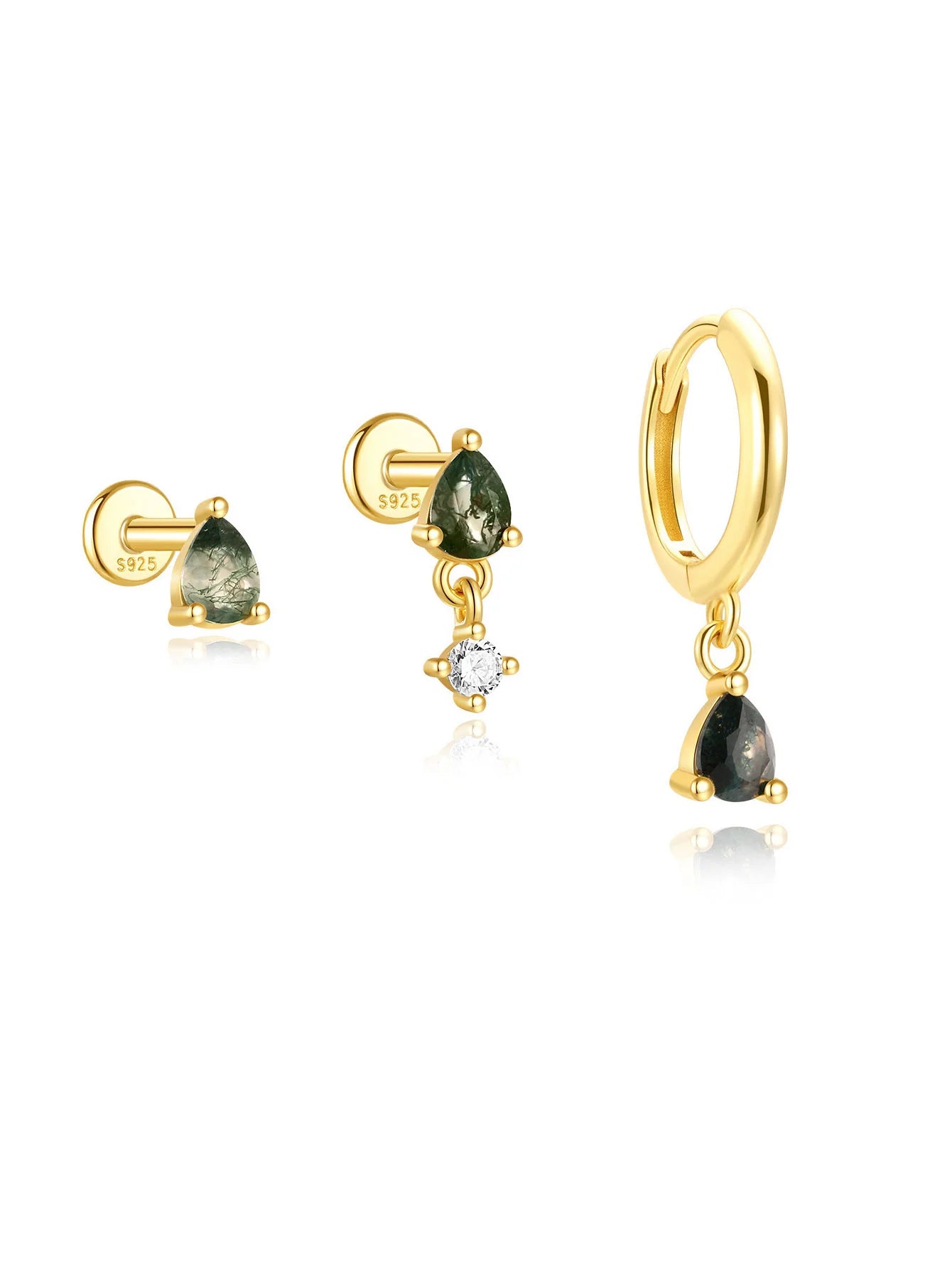 925 Sterling Silver Natural Moss Agate Ear Stack Set