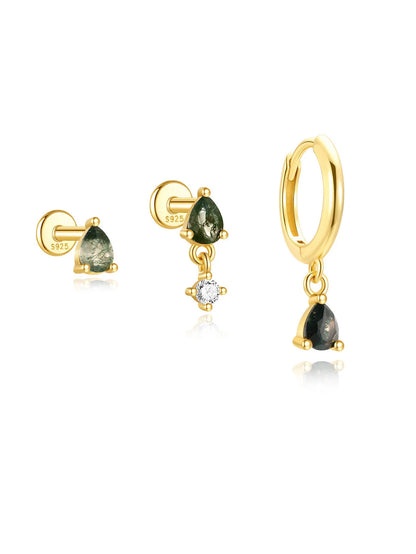 925 Sterling Silver Natural Moss Agate Ear Stack Set