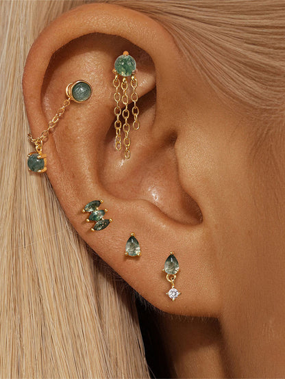 925 Sterling Silver All-Match Water Grass Agate Ear Piercing Stud