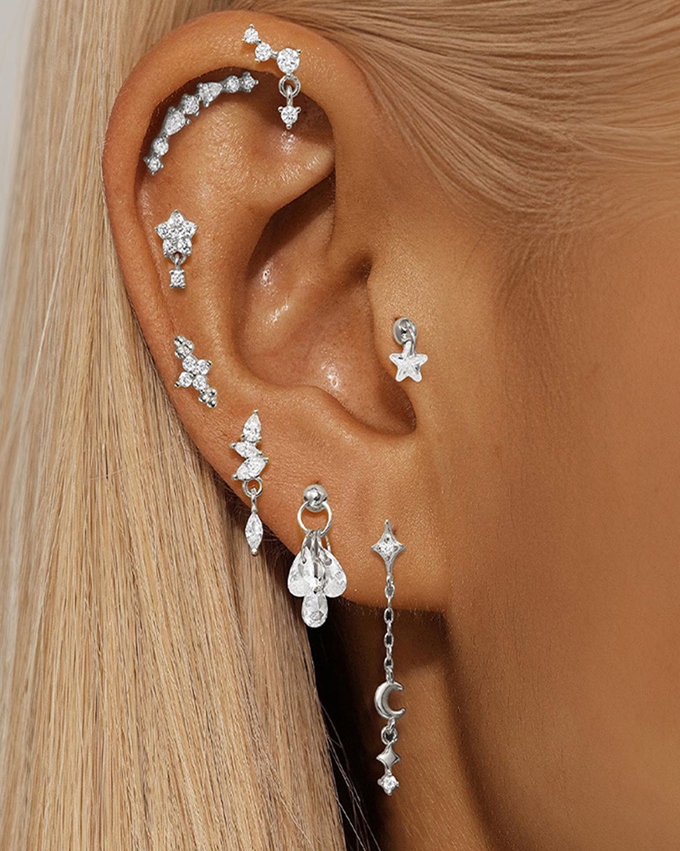 925 Sterling Silver Flower Drop Star Moon Studs Earrings