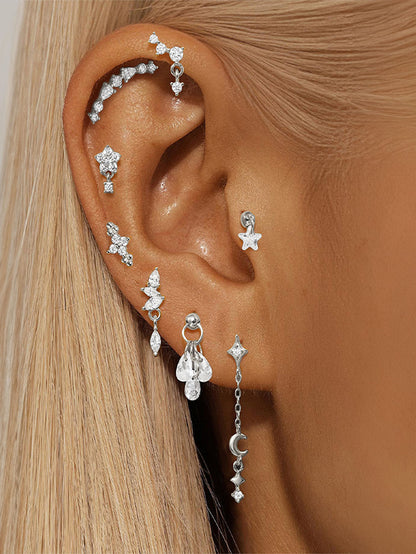 925 Sterling Silver Flower Drop Star Moon Studs Earrings