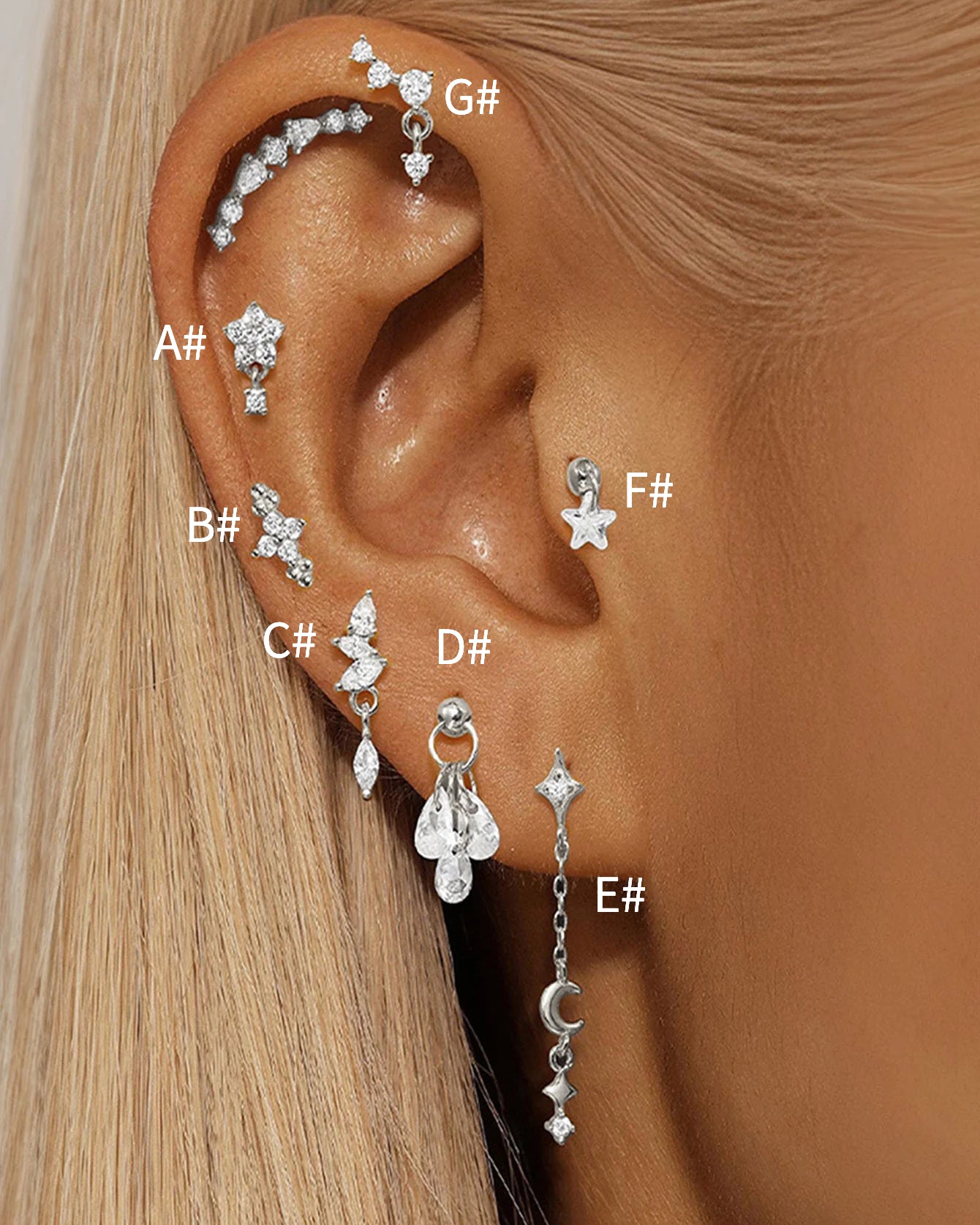 925 Sterling Silver Flower Drop Star Moon Studs Earrings