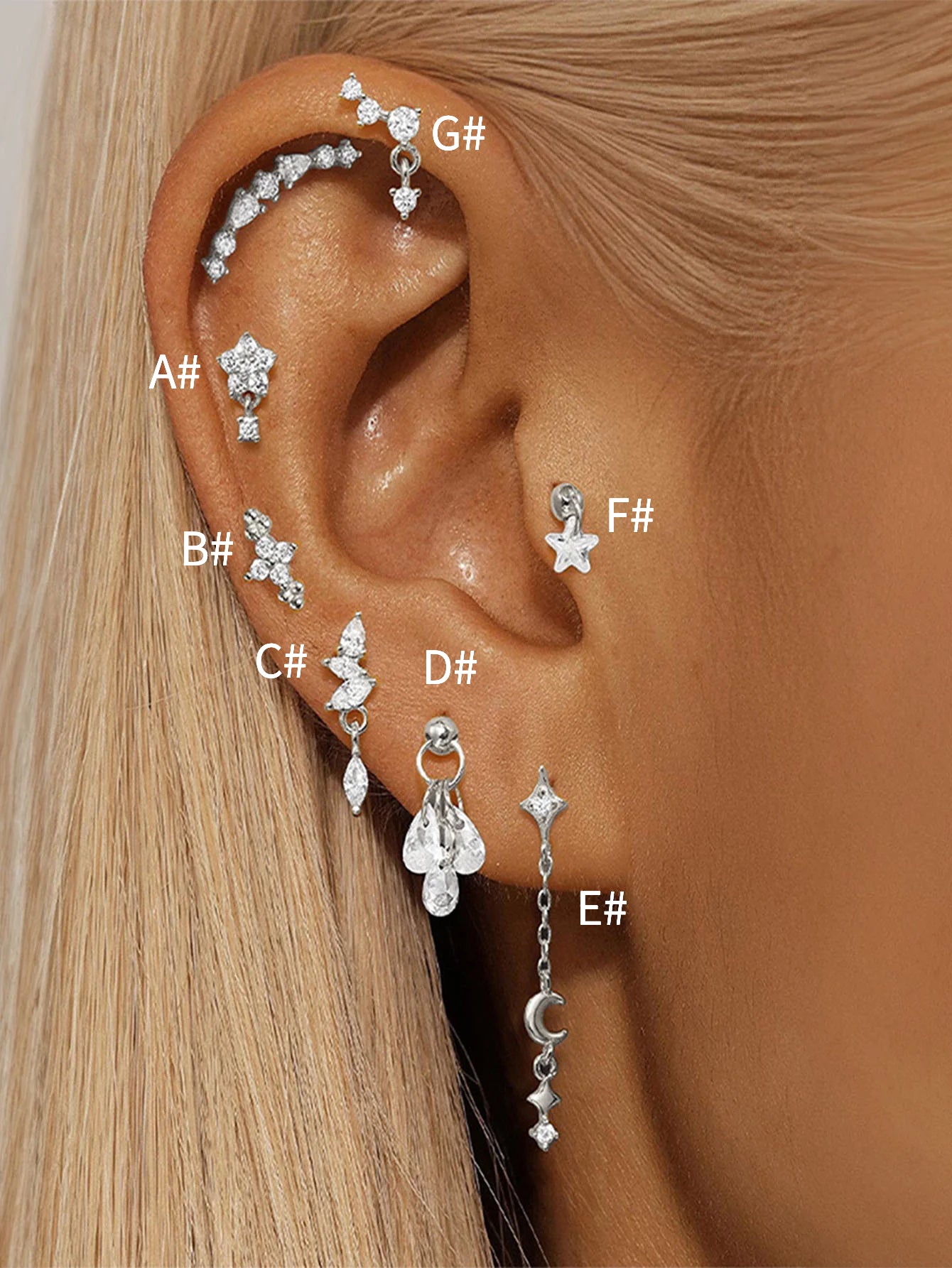 925 Sterling Silver Flower Drop Star Moon Studs Earrings