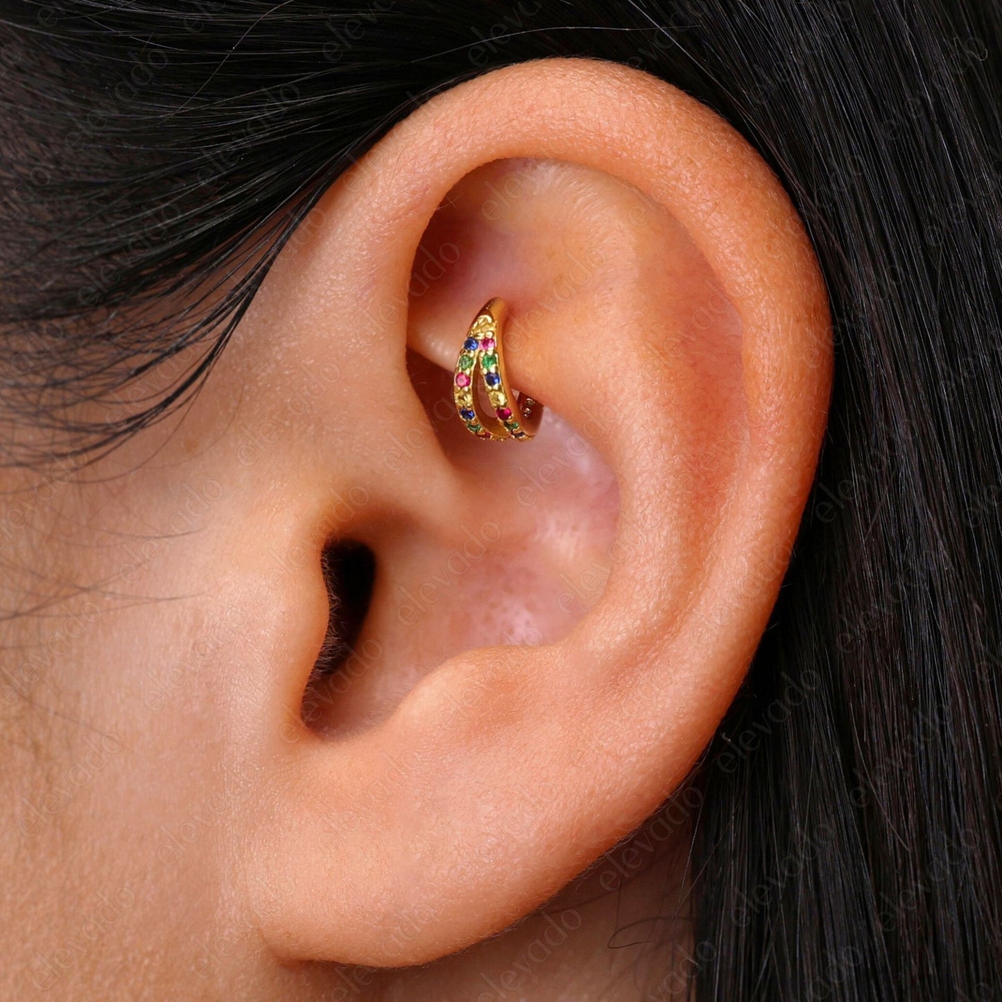 G23 Titanium Waterproof Rainbow Paved Conch Clicker Hoop Earring