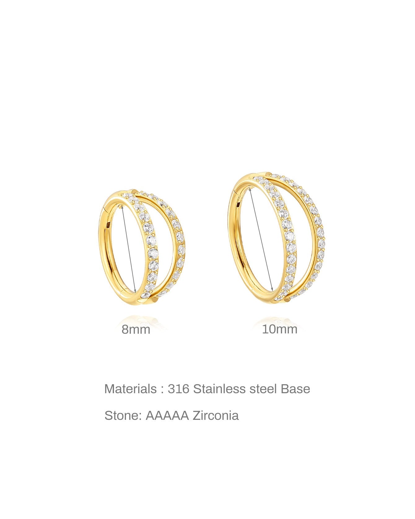 G23 Titanium Waterproof Double Hoop Cartilage Earring 16G – 5A CZ, Multiple Sizes