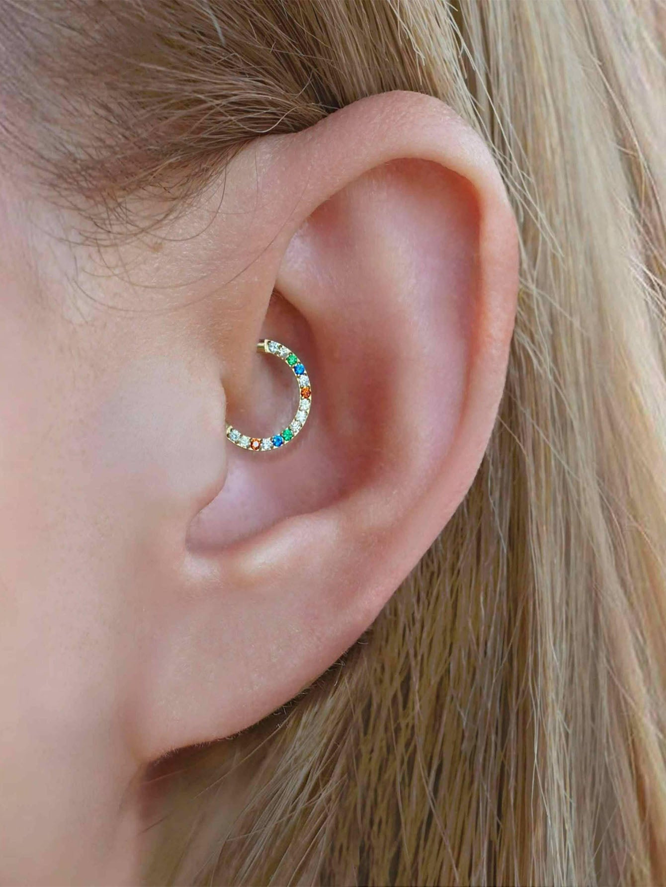 G23 Titanium Waterproof Rainbow 5A CZ Clicker Hoop for Daith & Septum Piercings