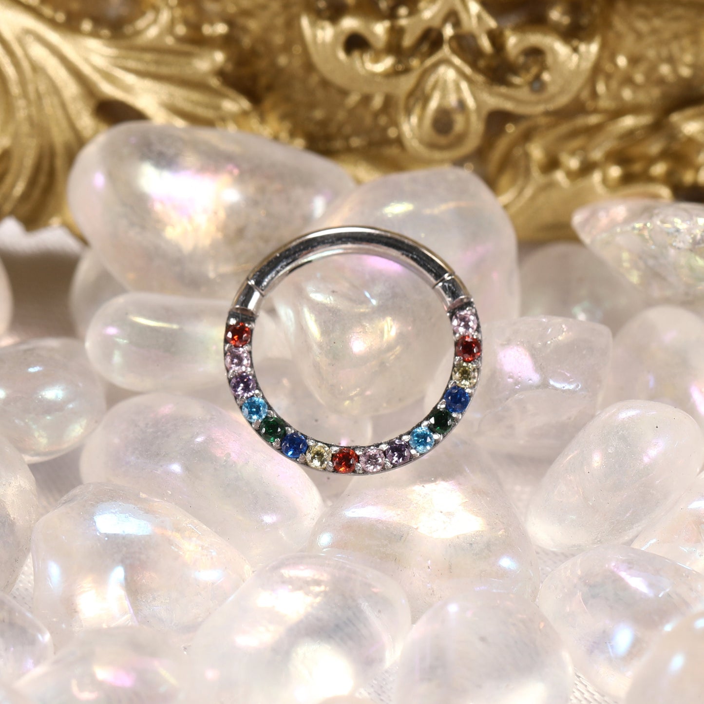 G23 Titanium Waterproof Rainbow 5A CZ Clicker Hoop for Daith & Septum Piercings