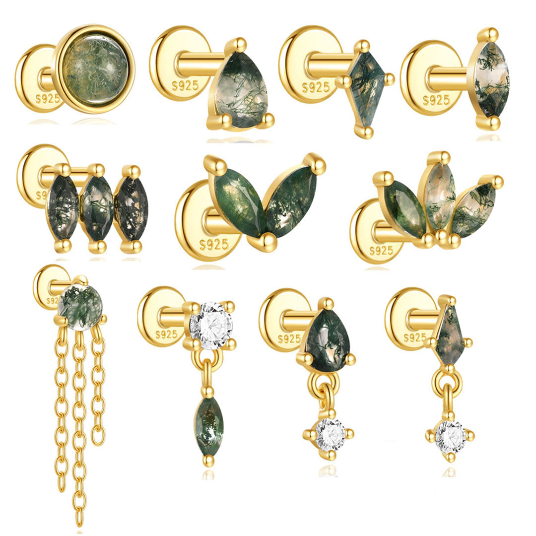 925 Sterling Silver All-Match Water Grass Agate Ear Piercing Stud