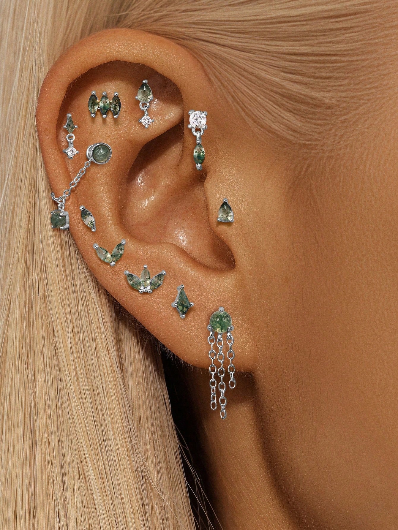 925 Sterling Silver All-Match Water Grass Agate Ear Piercing Stud