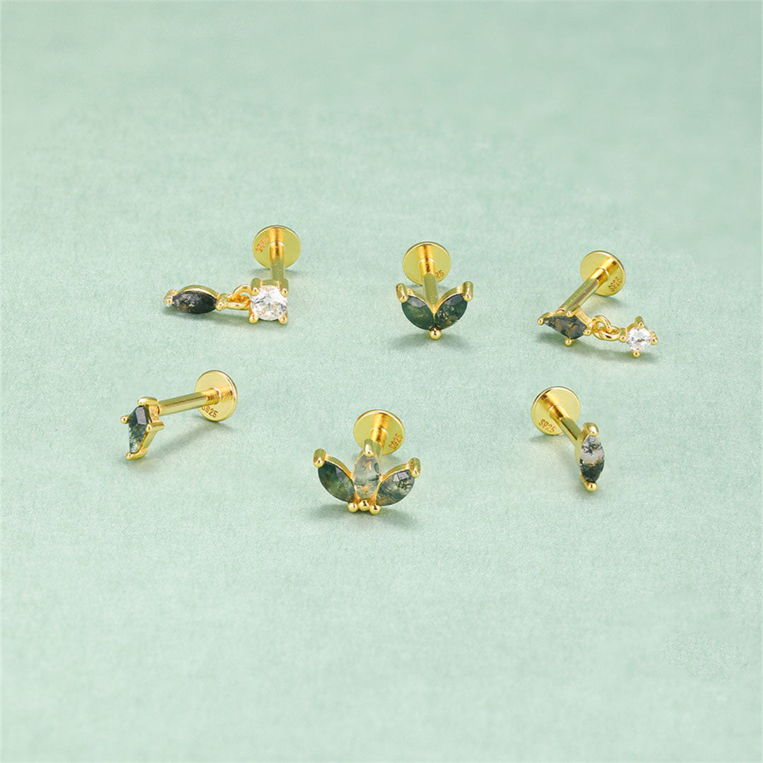 925 Sterling Silver All-Match Water Grass Agate Ear Piercing Stud