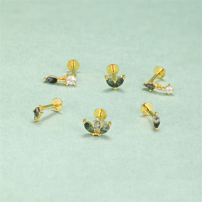 925 Sterling Silver All-Match Water Grass Agate Ear Piercing Stud