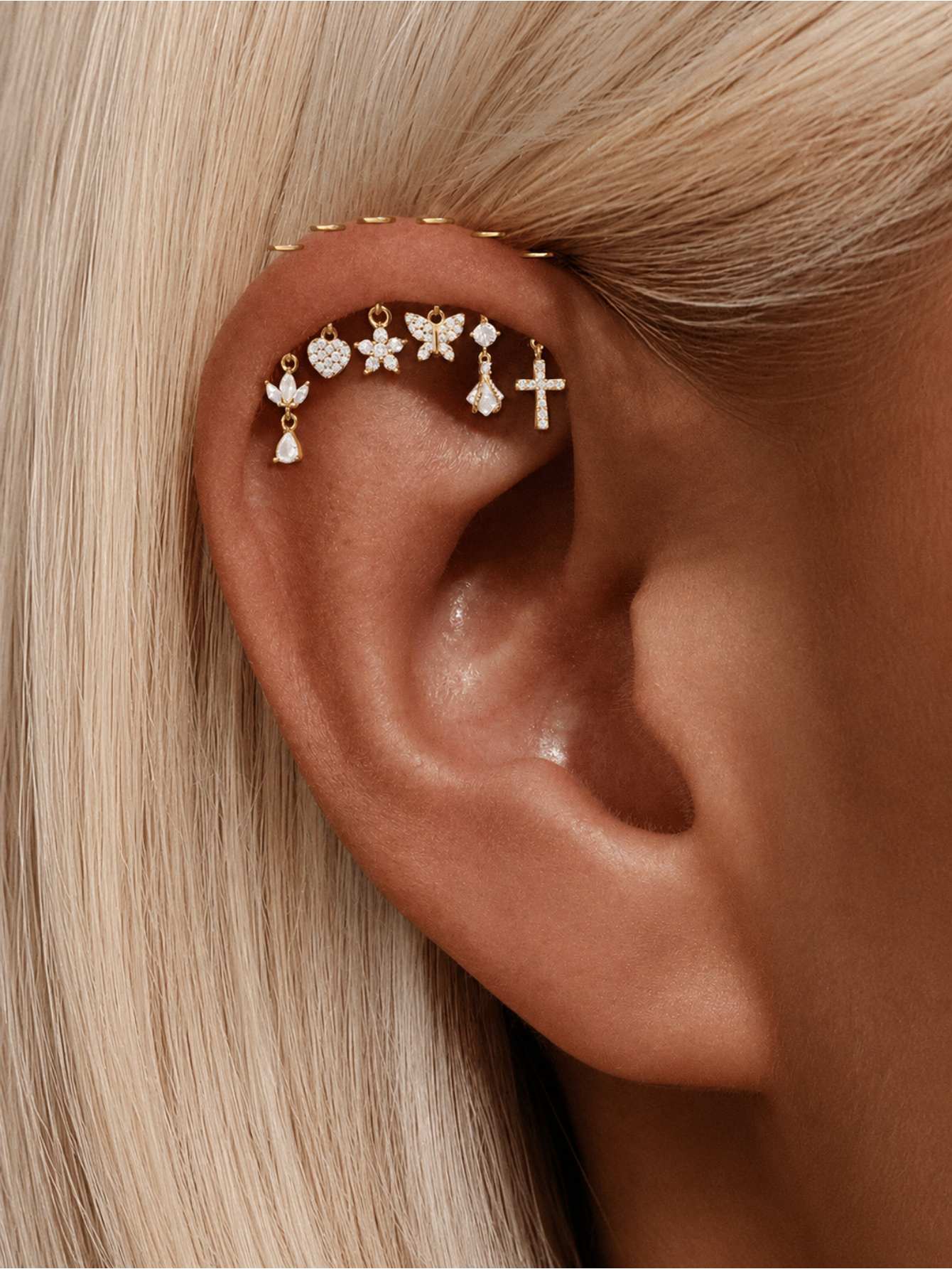 925 Sterling Silver CZ Floral Drop Two-Way Wearable Vertical Helix Earring