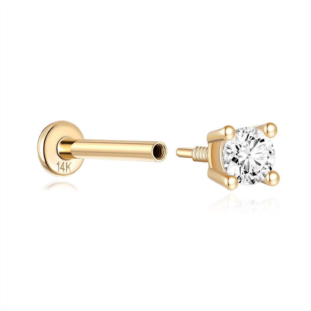 14K Solid Gold Waterproof Zircon Stud Earrings for Cartilage/Piercing