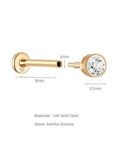 14K Solid Gold Waterproof Threaded Stud Earrings with Zircon