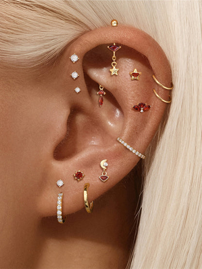 925 Sterling Silver Moon Star Garnet Red Piercing Ear Stack