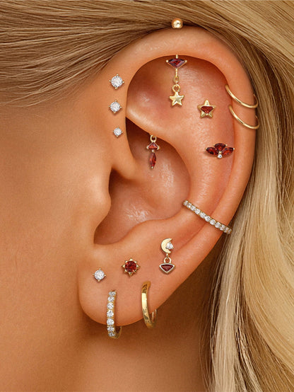 925 Sterling Silver Moon Star Garnet Red Piercing Ear Stack