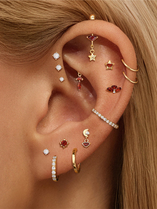 925 Sterling Silver Moon Star Garnet Red Piercing Ear Stack