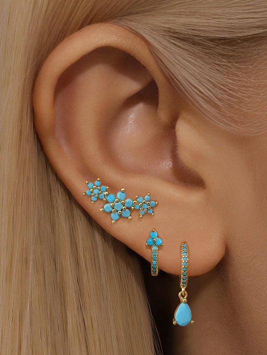 925  Sterling Silver Turquoise Flower Drop Hoop Earring Set