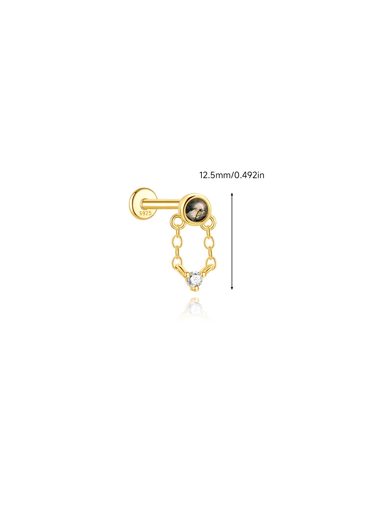 S925 Moss Agate Round Pendant Flatback Piercing Stud Earring