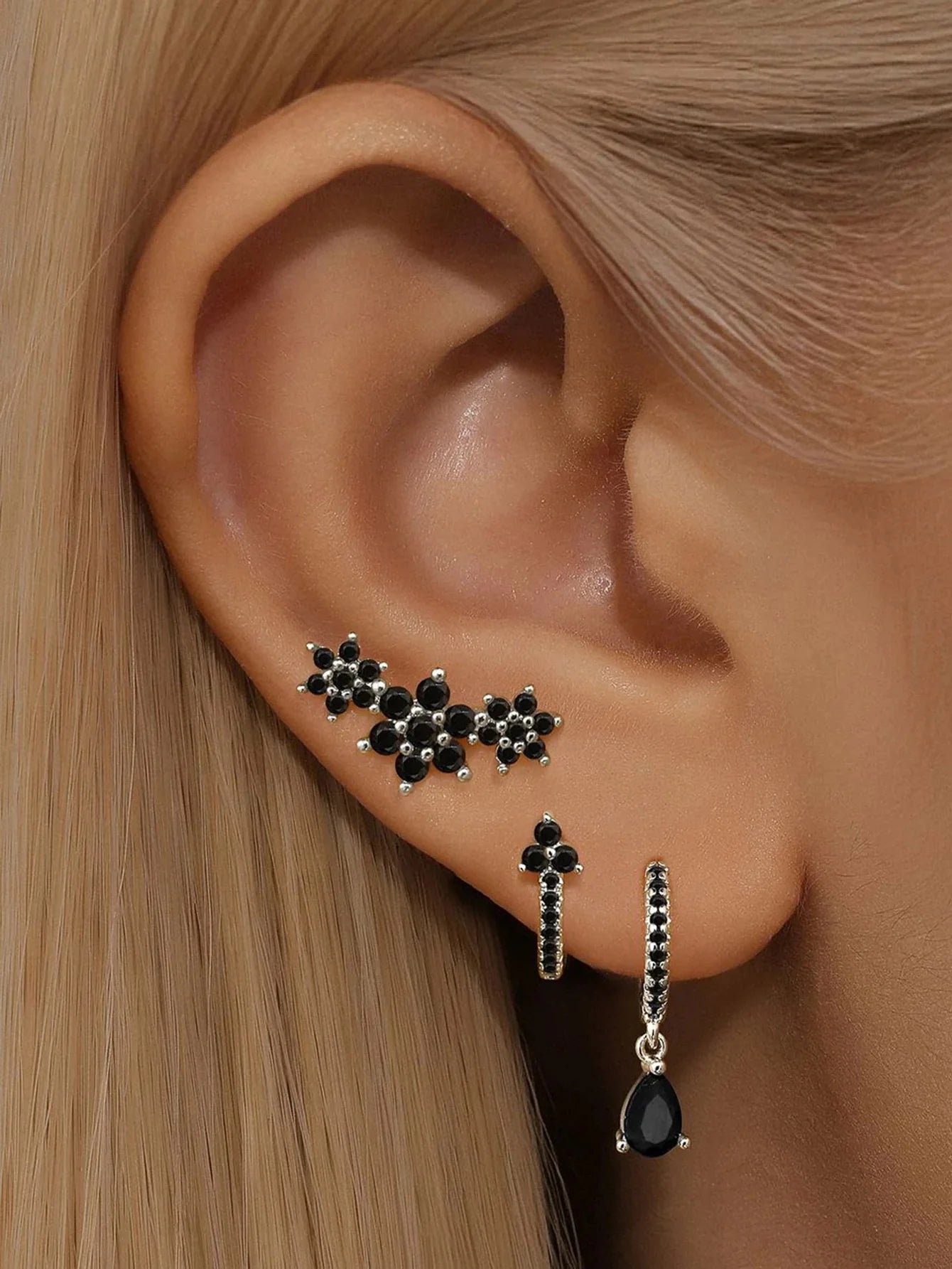 925 Sterling Silver Shiny Obsidian Flower Stud Earrings Set