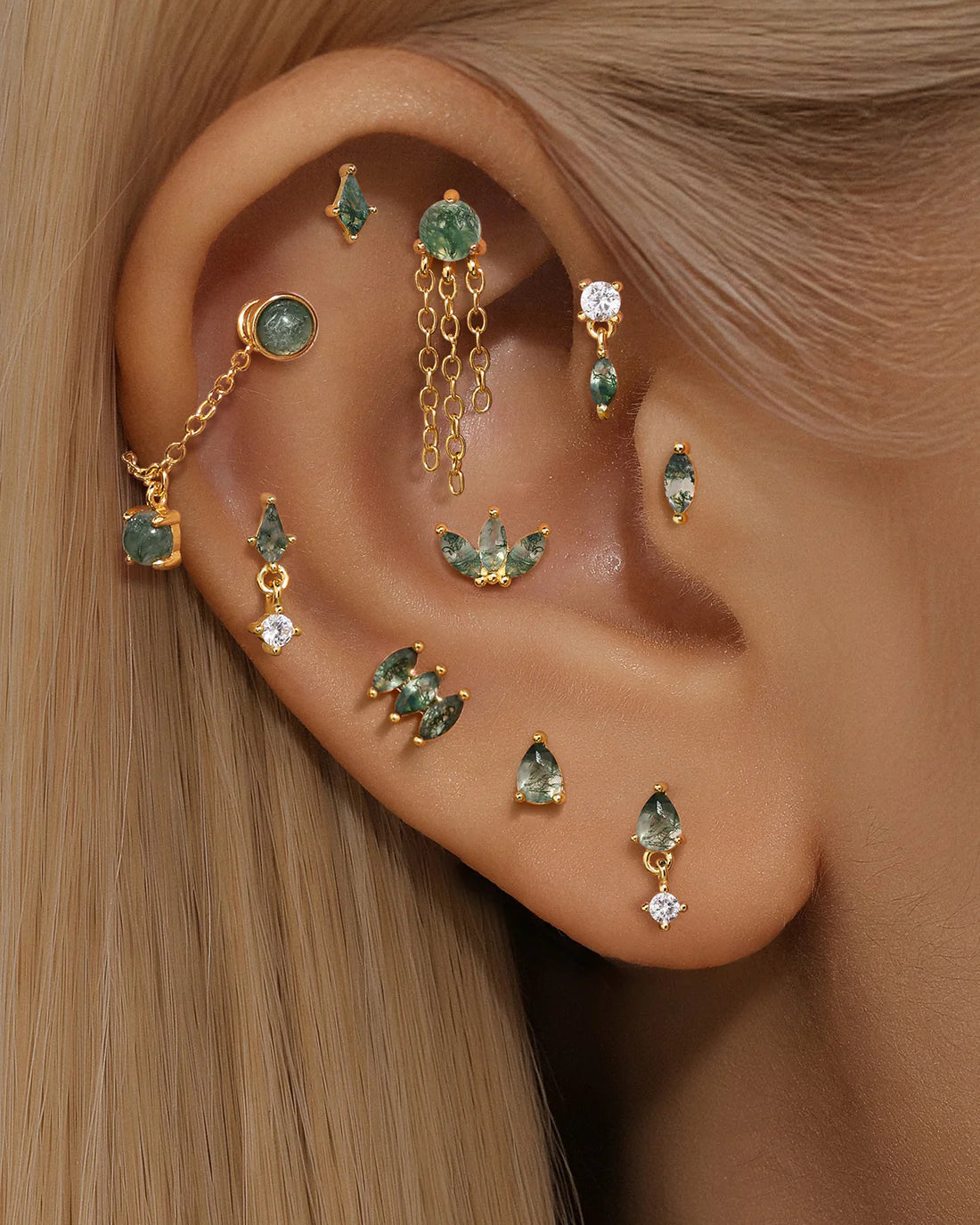 925 Sterling Silver All-Match Water Grass Agate Ear Piercing Stud