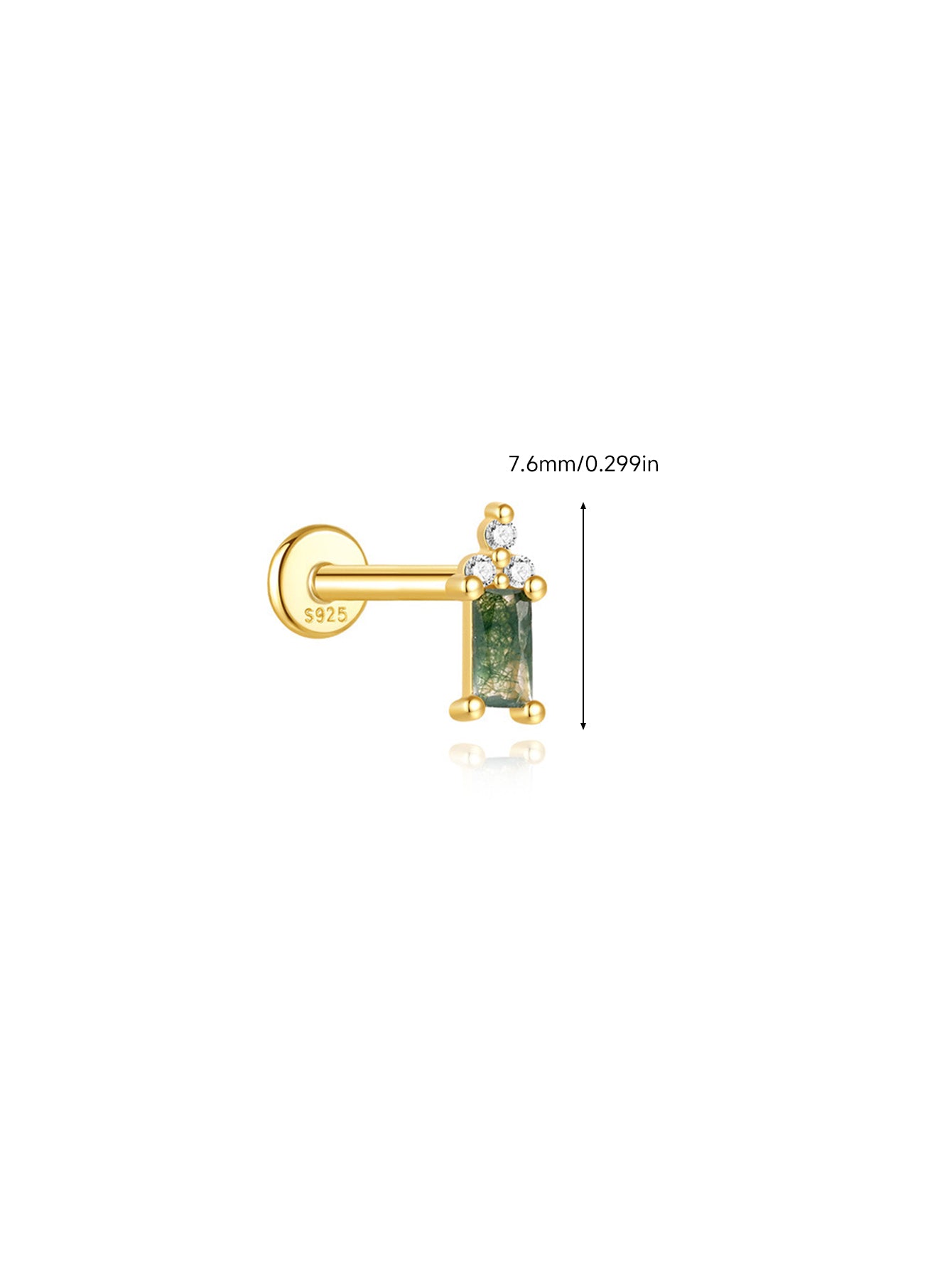 925 Sterling Silver Moss Agate Baguette Flatback Stud