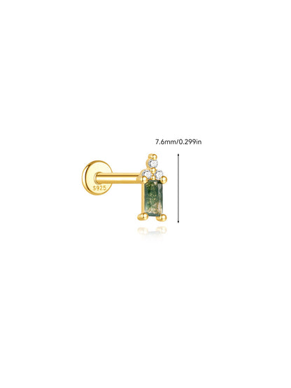 925 Sterling Silver Moss Agate Baguette Flatback Stud