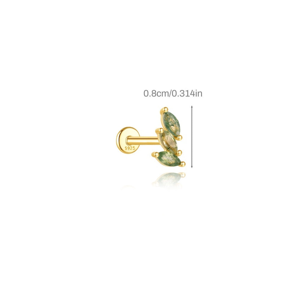 S925 Natural Moss Agate Leaf Shape FlatBack Stud Earrings