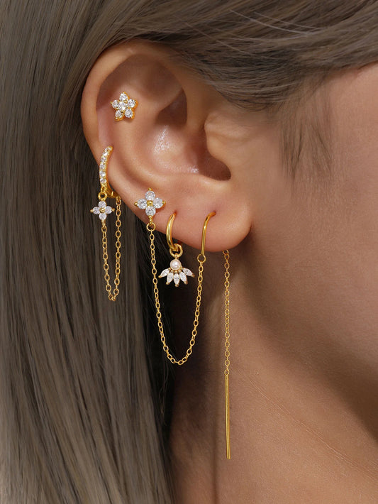 925 Sterling Silver Chain Flower Zircon Waterproof Earrings