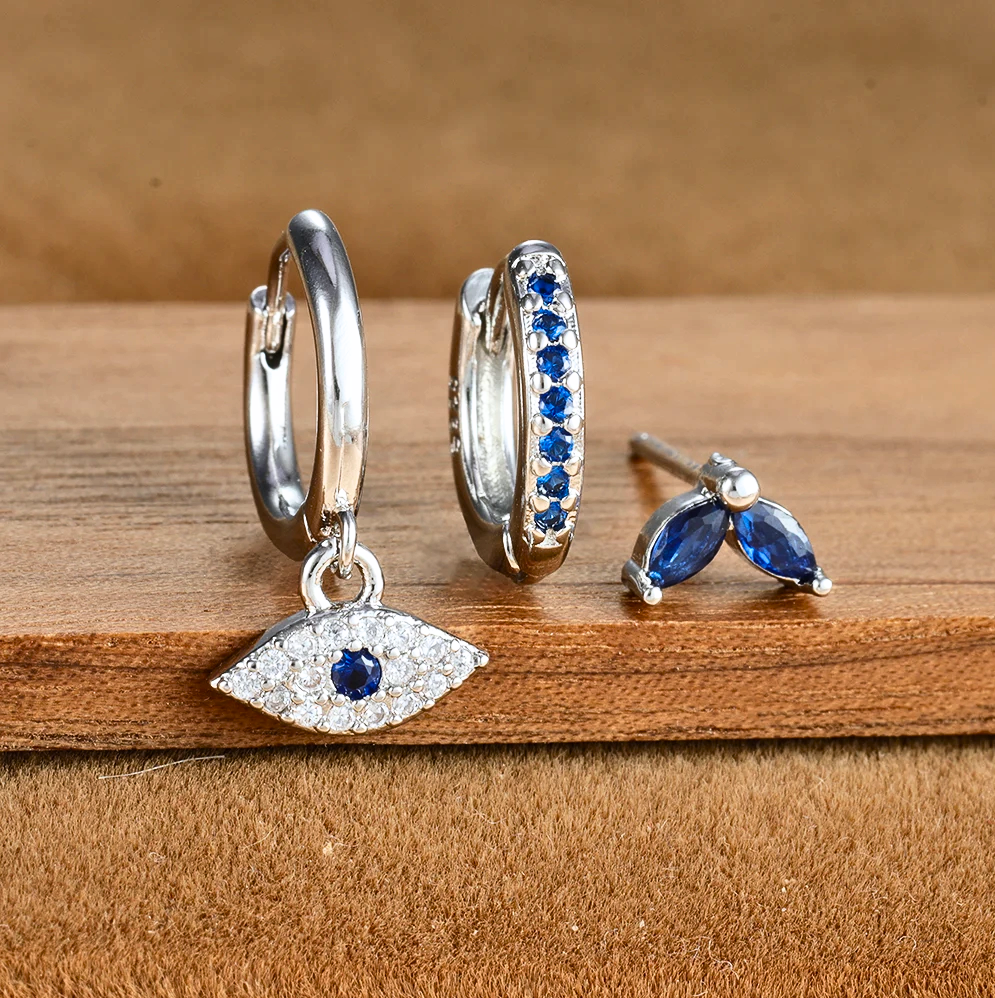 S925 Delicate Blue Evil Eye Earring Set
