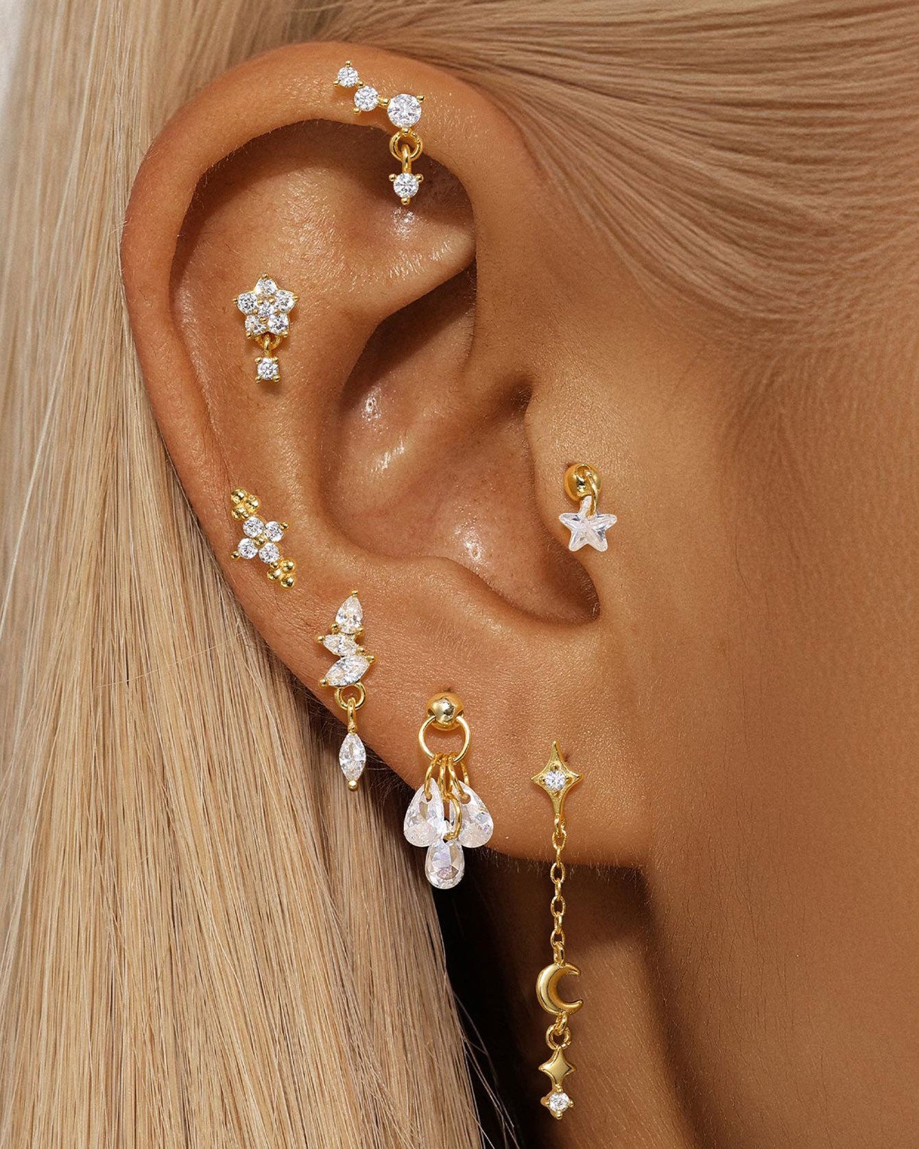 925 Sterling Silver Waterproof Flower Drops Star Moon Studs Earring Series