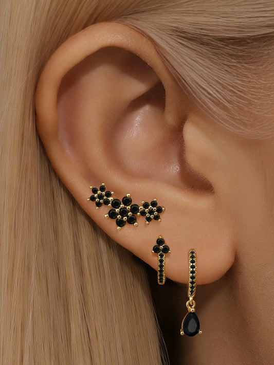 925 Sterling Silver Shiny Obsidian Flower Stud Earrings Set