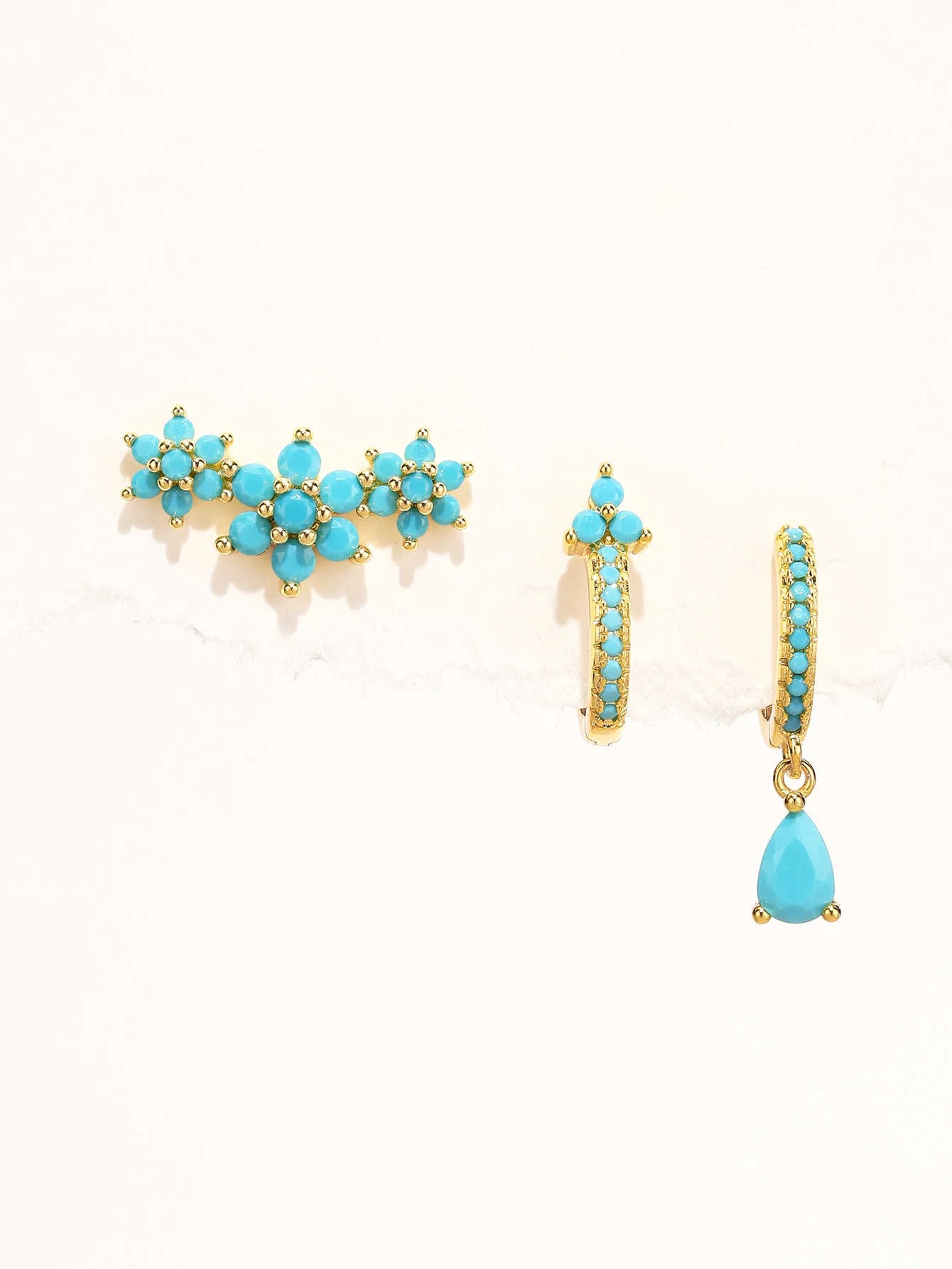 925  Sterling Silver Turquoise Flower Drop Hoop Earring Set